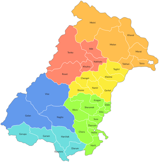 Prefectures of Lugida, colored by region