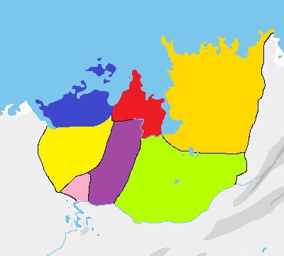 Map of the Q'eb Empire(red), the Meritocratic Republic of Myak Kham(blue), and the The Five Ebo Aga Kingdoms(yellow, pink, purple, orange, green)
