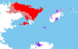 Distribution of Trans-Puzimm languages. The Sañu-Jutean languages are a subset of the Saru-Asuran languages (in purple).