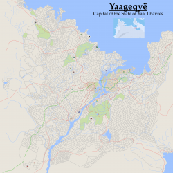 A full map of Yaageqyë's major roads and districts, as well as a small map indicating its location within Lhavres.